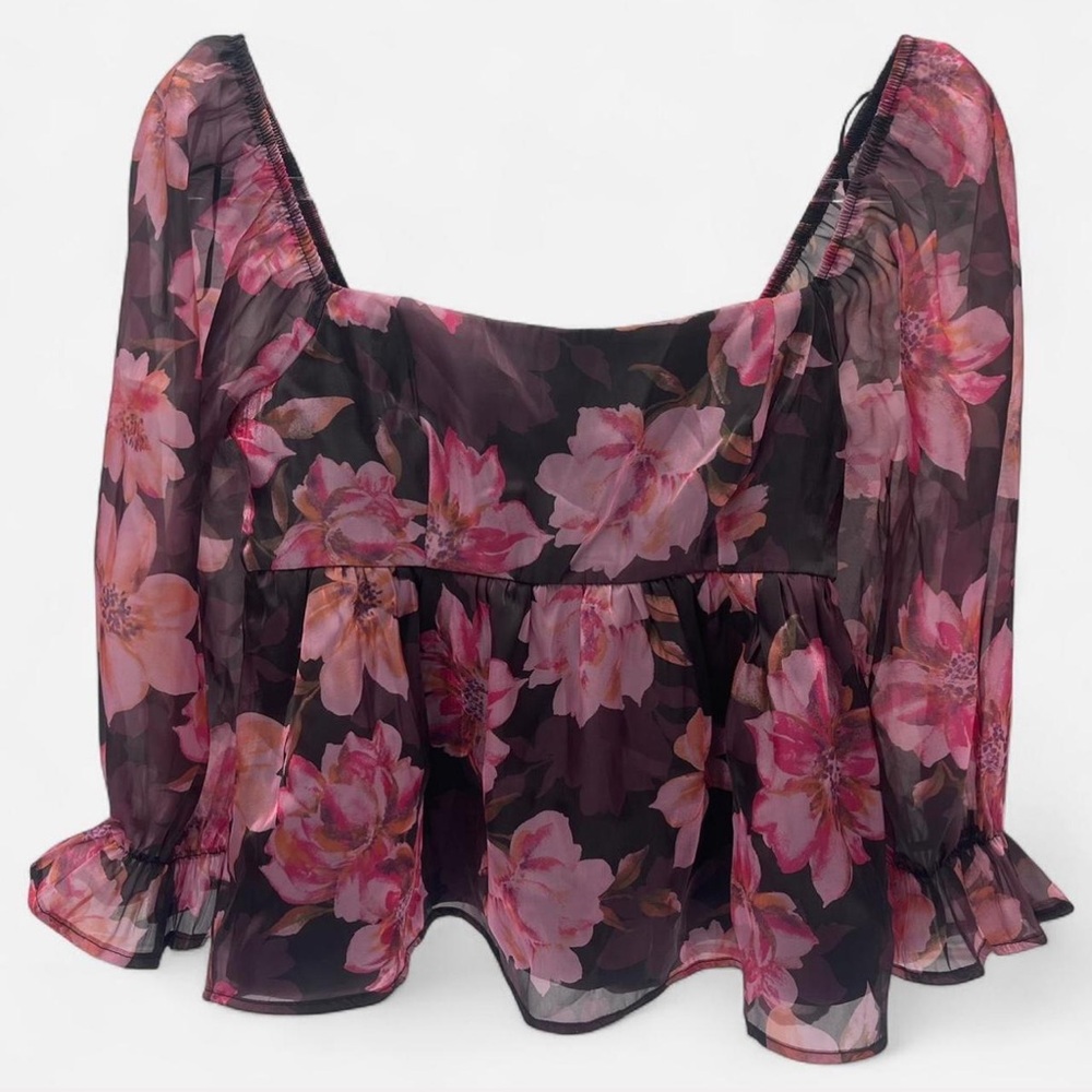 Thirty Thirty Floral Sheer Peplum Blouse - Black and Pink